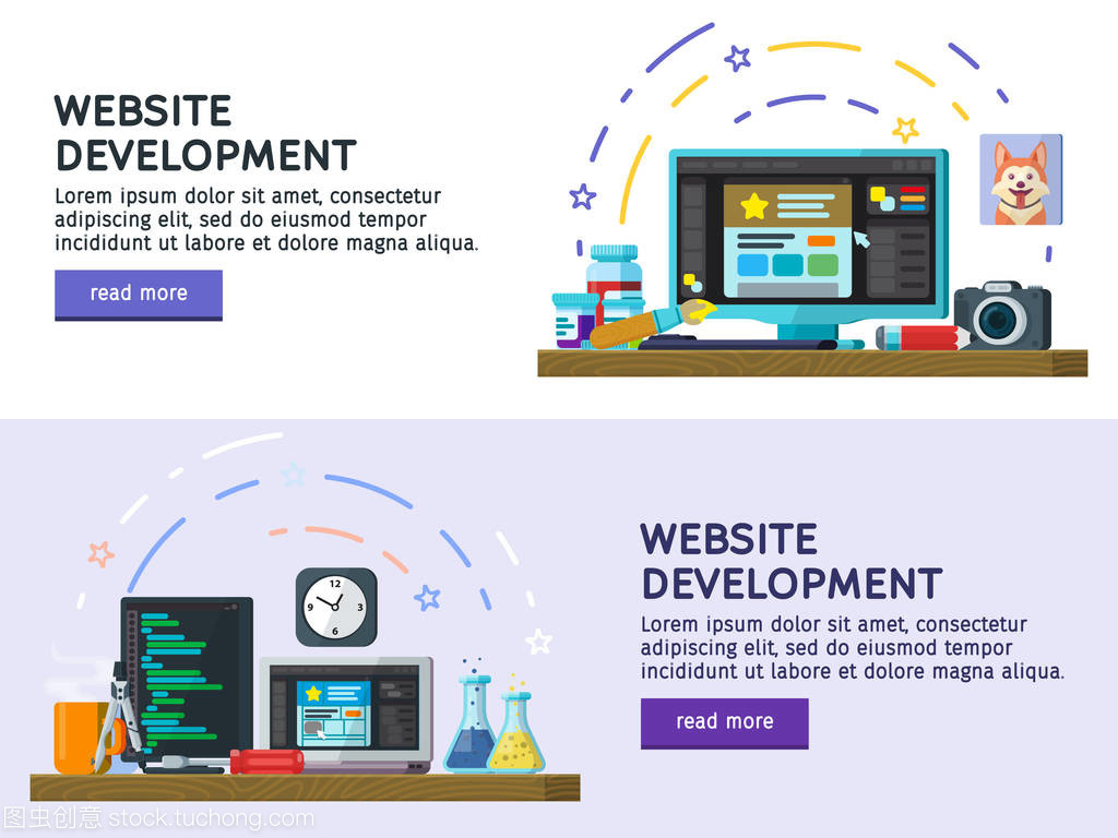 平面設計現代矢量圖的概念。平面彩色橫幅設計一套。網站開發,網頁設計?，F代平面設計中的 Web 橫幅,網站元素。編程和編碼